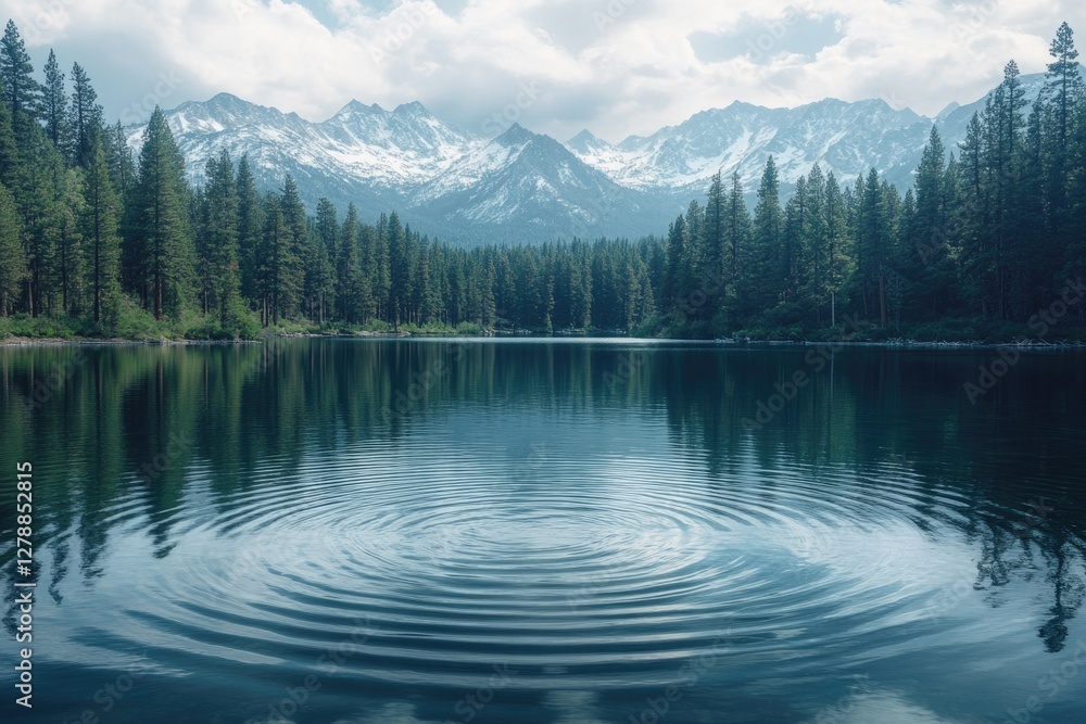 Serene lake reflects majestic mountains under cloudy sky, creati