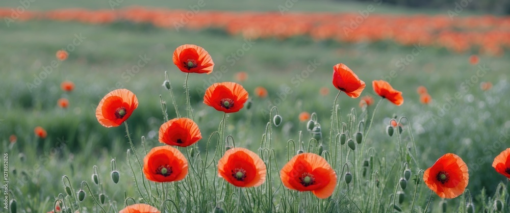 Fototapeta premium Vibrant red poppies blooming in a lush green field under a clear sky in a natural landscape setting