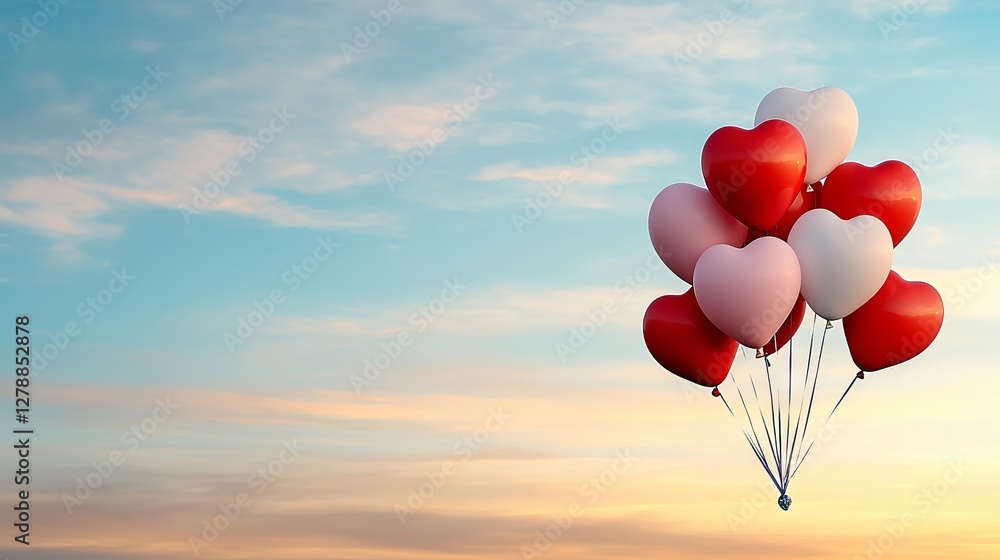 Obraz premium A bunch of red and white heart shaped balloons flying in the sky