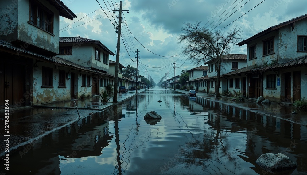 Flooded Street Reflection with Aged Buildings Somber Flooded Street Reflection with Aged Buildings Somber