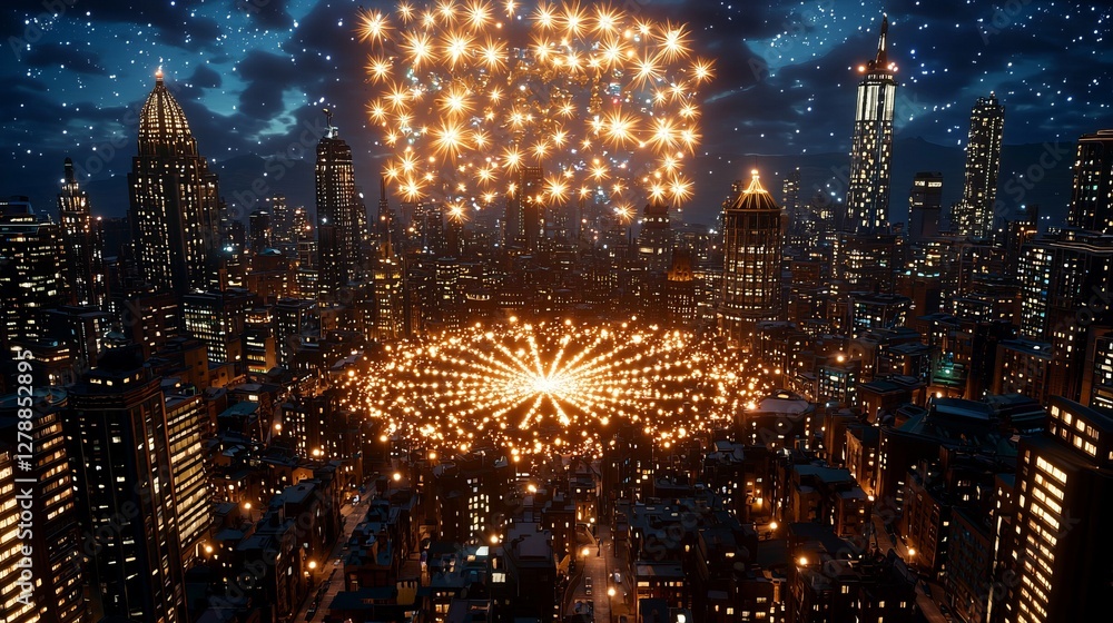 Fototapeta premium Independence Day history commemoration ceremony patriotism. A vibrant fireworks display illuminates a city skyline at night, creating a festive atmosphere filled with light and energy.