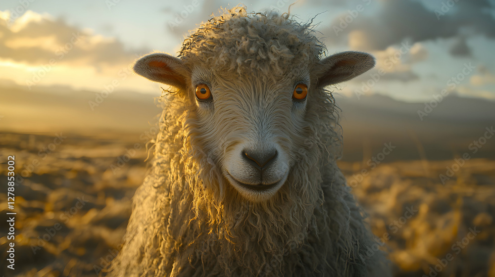 Fototapeta premium Close-up of Sheep in Field at Sunset with Golden Light