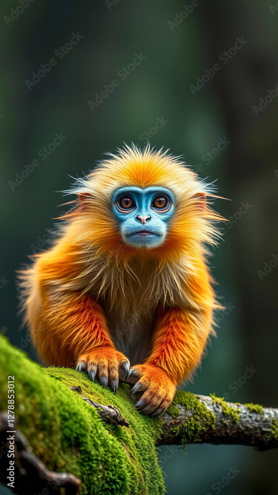 Naklejka premium A stunning golden snub-nosed monkey sits perched on a moss-covered branch in a misty, ancient forest