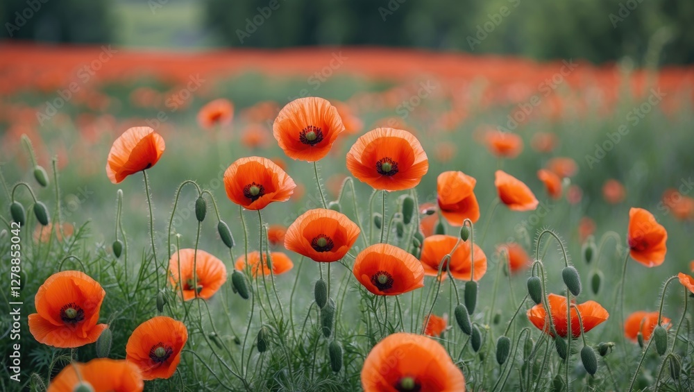 Obraz premium Field of blooming red poppy flowers with green foliage under soft natural lighting during daytime in a rural setting.