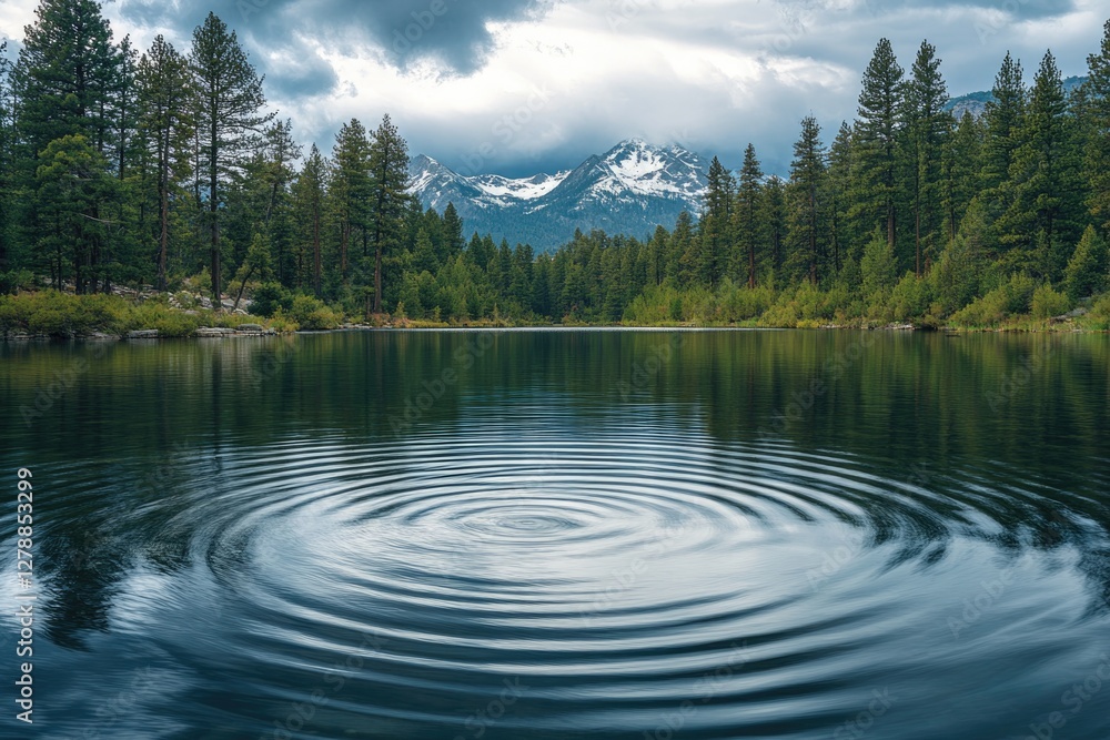 Calm lake reflecting dramatic clouds and mountains, surrounded b