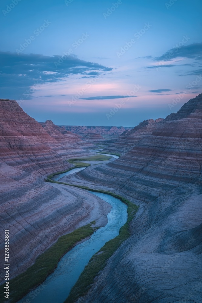 Stunning twilight view of winding river through layered canyon l