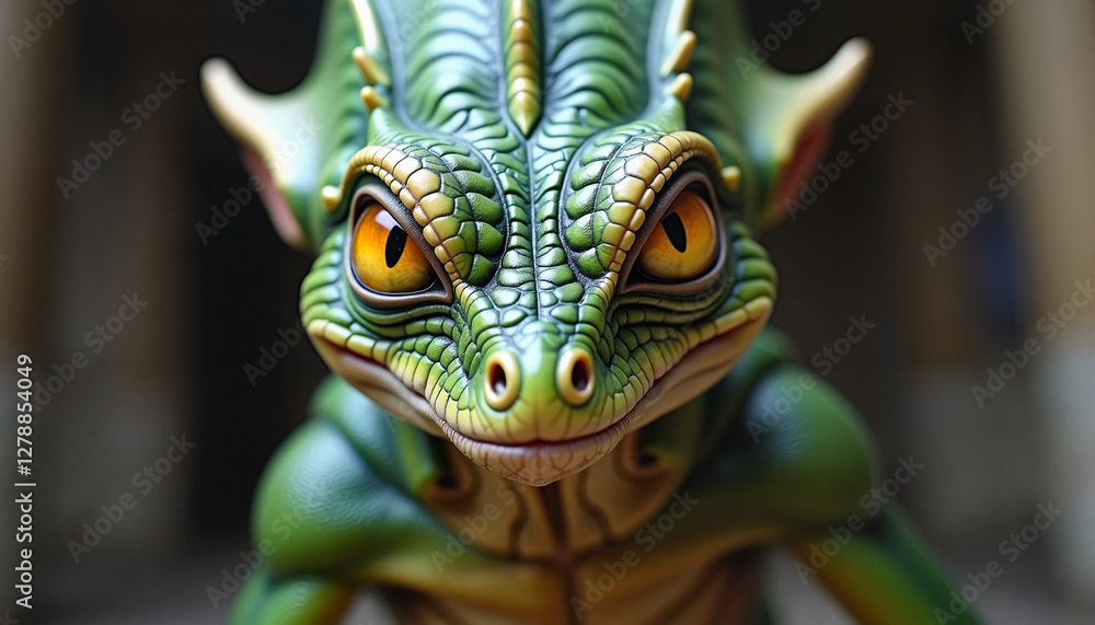 Fototapeta premium Green Reptilian Figurine with Expressive Eyes