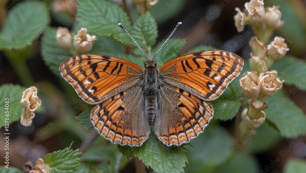 Orange butterfly resting on green leaves with blurred background and flowers, showcasing intricate wing patterns and details.