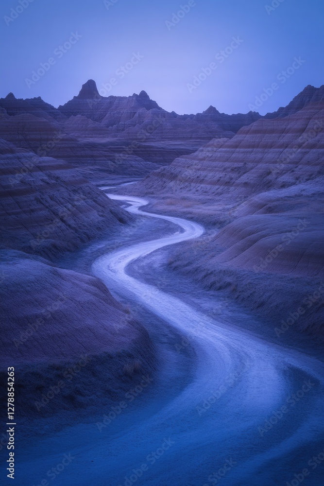 Smooth river winds through surreal desert landscape under twilig