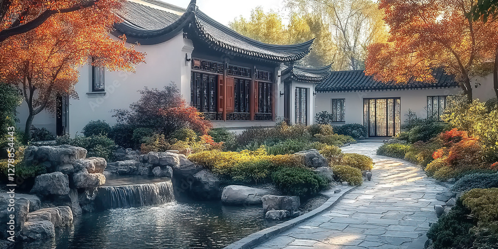 Obraz premium Chinese traditional garden courtyard small bridge flowing water autumn landscape