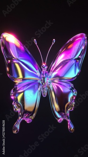 Iridescent Glass Butterfly Artwork Displayed Against Black Background