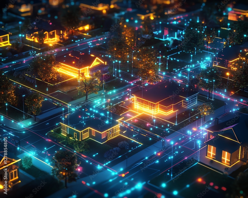 Futuristic suburban homes lit by data streams at night, glowing with vibrant colors from ongoing digital exchanges and connections Futuristic suburban homes lit by data streams at night, glowing with vibrant colors from ongoing digital exchanges and connections