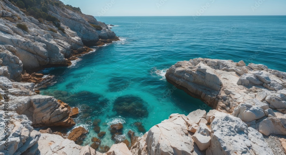 Coastal landscape with clear turquoise water, rocky shoreline, and distant horizon under a clear blue sky. Coastal landscape with clear turquoise water, rocky shoreline, and distant horizon under a clear blue sky.