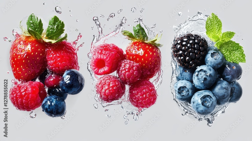 Fresh Mixed berry levitating with dynamic water splashes surrounding them, set against a light grey background, isolated with copy space. Fresh Mixed berry levitating with dynamic water splashes surrounding them, set against a light grey background, isolated with copy space.