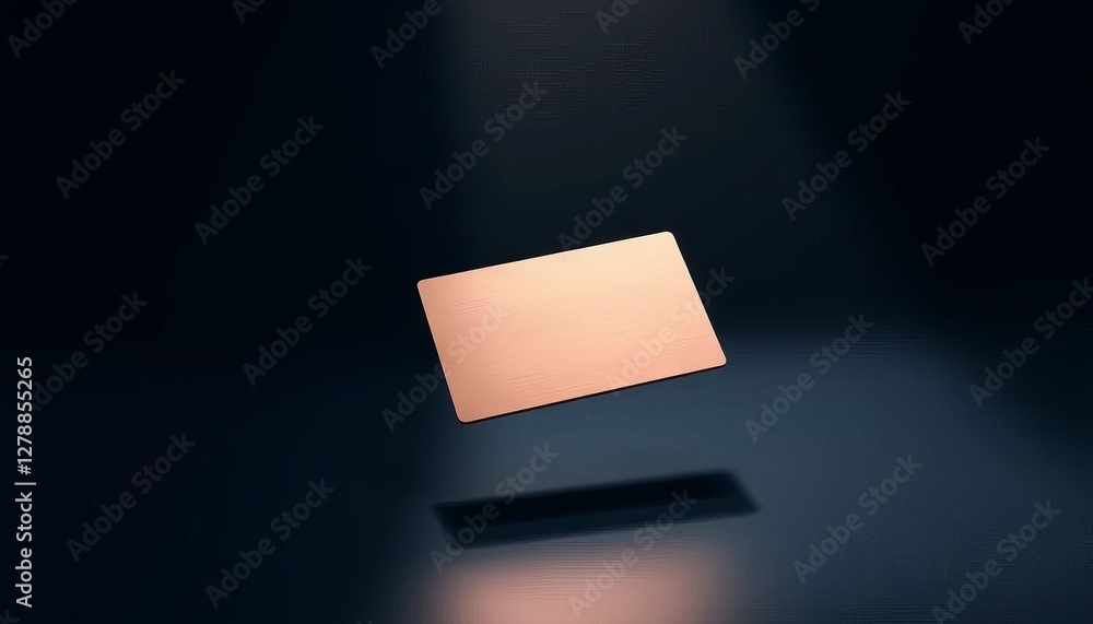 Floating rose gold card. Metallic business card hovering against dark background with reflection and dramatic lighting effect.