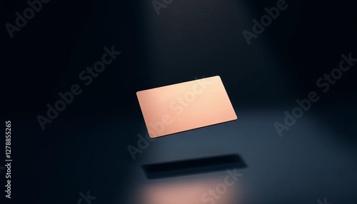 Floating rose gold card. Metallic business card hovering against dark background with reflection and dramatic lighting effect.