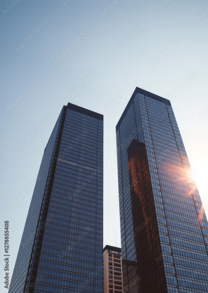 Lowangle of sunlit skyscrapers against clear sky skyscraper city building skyscraper downtown business architecture cityscape Lowangle of sunlit skyscrapers against clear sky skyscraper city building skyscraper downtown business architecture cityscape