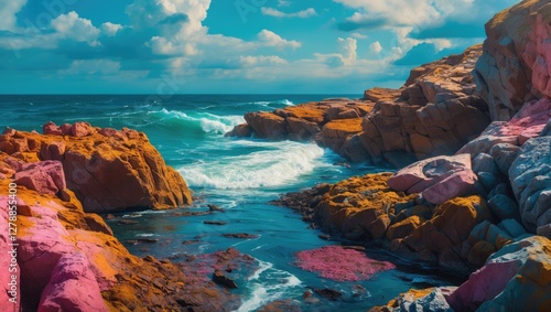 Rocky coastal landscape with vibrant colored stones and crashing waves under a blue sky with scattered clouds photo