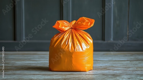 Simple yet disturbing image of a plastic bag left on the floor in an indoor space photo