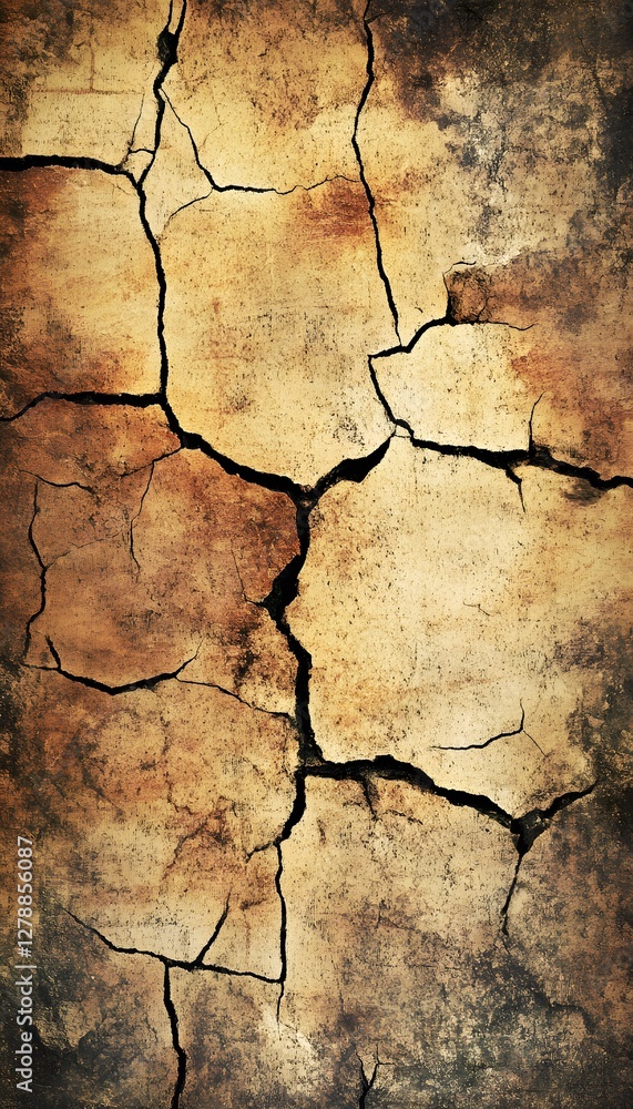 Heavily cracked and aged wall with earth tone colors