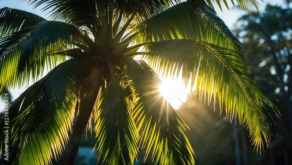 Fototapeta premium Sunlight filtering through palm tree leaves with a bright sun in the background during a tropical landscape scene.