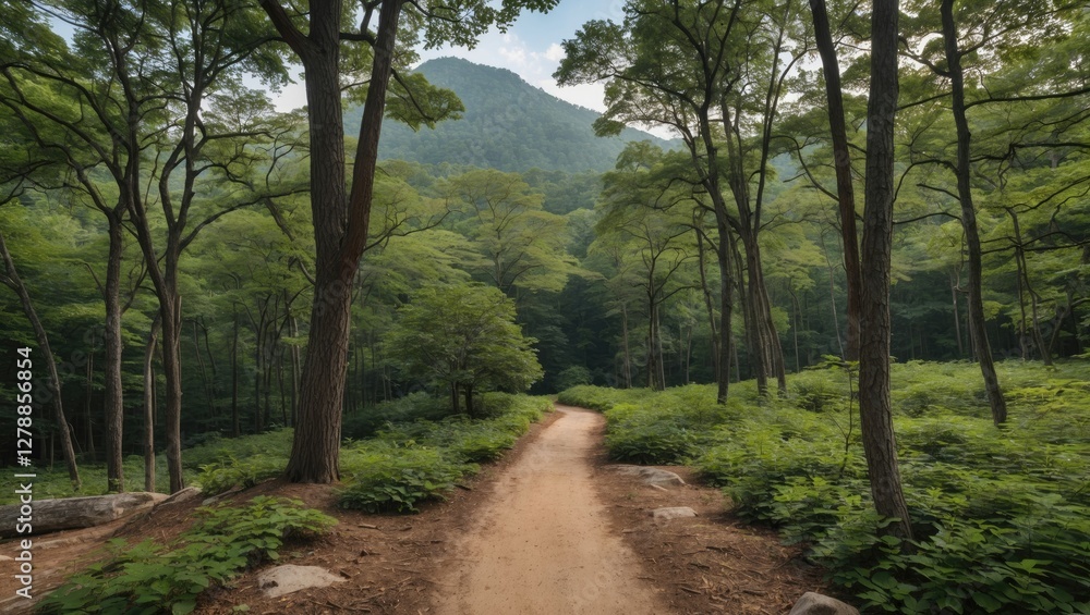 Obraz premium Lush green forest pathway leading towards a mountain under a clear sky with scattered clouds in summer.