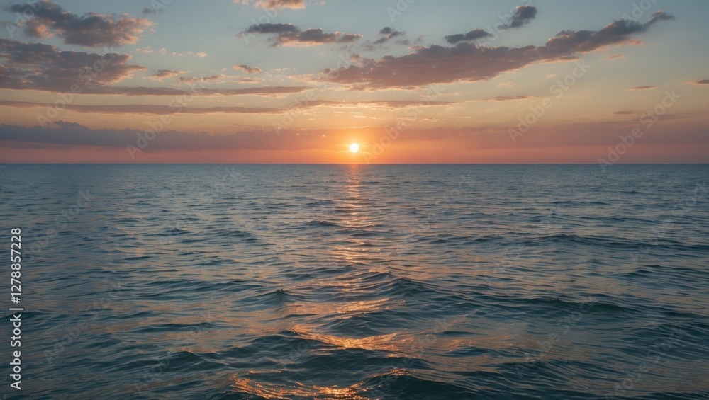Obraz premium Sunset over calm ocean waters with colorful sky and clouds reflecting in the water surface at twilight.