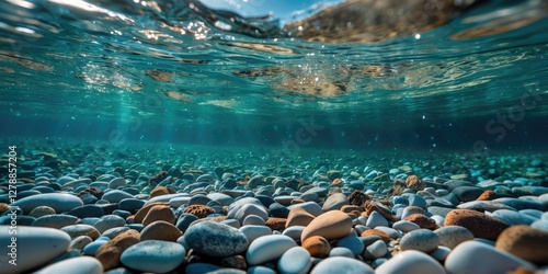 Underwater scene of pebbles and stones submerged in clear blue water with light rays filtering through the surface.