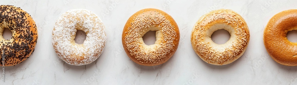 Variety of Delicious Bagels with Different Toppings on Light Marble Background Variety of Delicious Bagels with Different Toppings on Light Marble Background