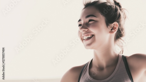 Young woman enjoying a sunny day outdoors, smiling and exuding happiness during an active moment.