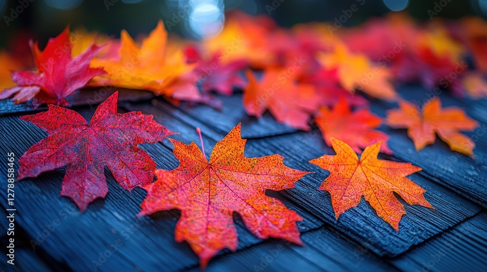 Obraz premium Colorful autumn leaves artistically spread across a rustic wooden table surface