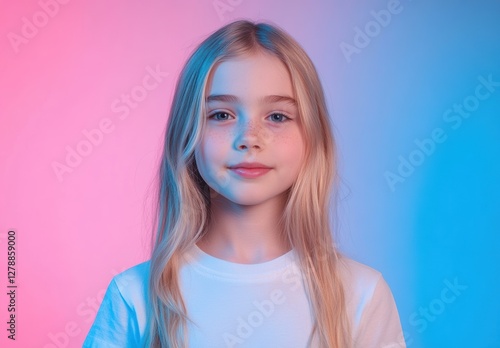 Wallpaper Mural Gazing with calm blue eyes, a young girl with freckles is framed by a soft pink and blue neon fluorescent gradient, creating a gentle feel. Torontodigital.ca