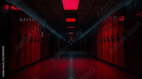 Dark red hallway with lockers, red lighting.