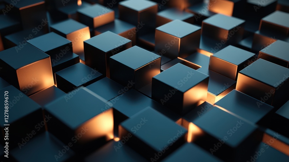 An abstract 3D render featuring geometric blocks on a dark background. An abstract 3D render featuring geometric blocks on a dark background.