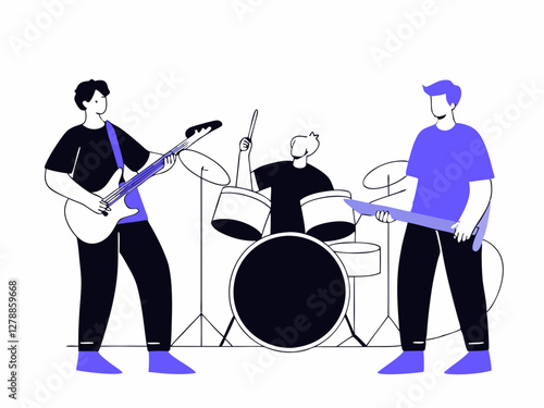Illustration of a three-piece band. Guitar, bass, drums. Simple Illustration