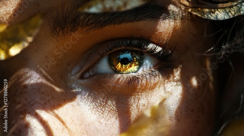 Close-up of eye with flower in hair