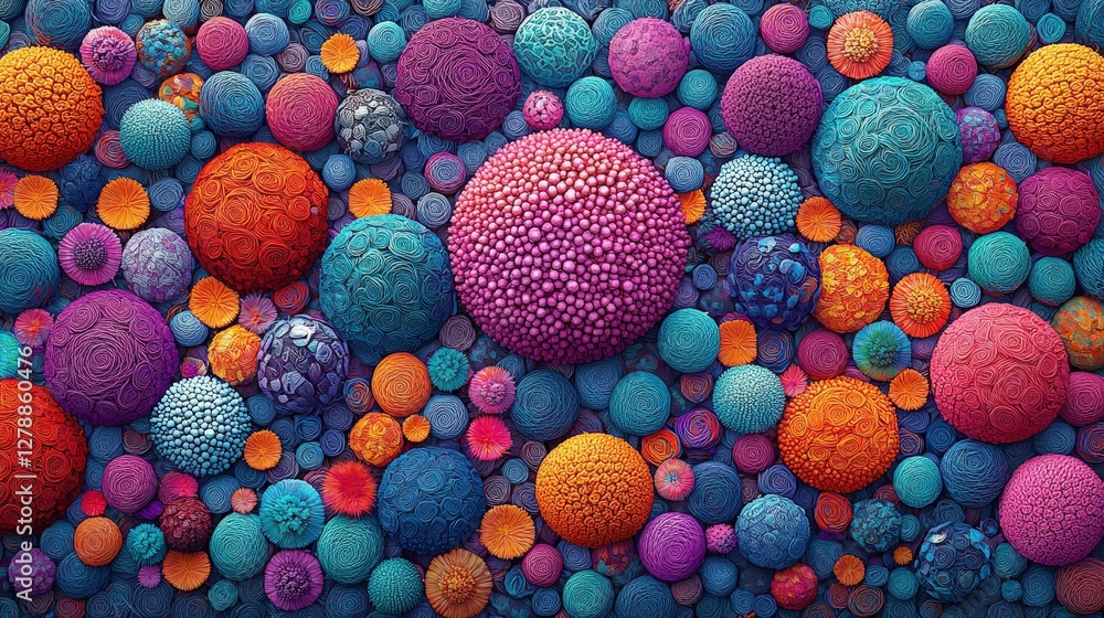 Fototapeta premium A large group of vibrantly colored balls and colorful corals under clear blue water