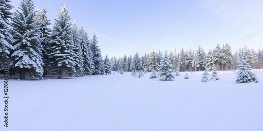 Obraz premium Snow-covered pine trees stand tall under a clear blue sky in a serene winter wonderland, cold, white, snow