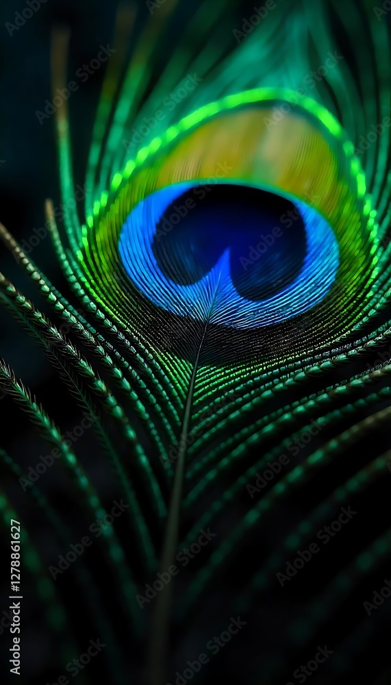 Naklejka premium Generative AI, Mesmerizing close-up of a peacock feather showcasing intricate details and vibrant colors