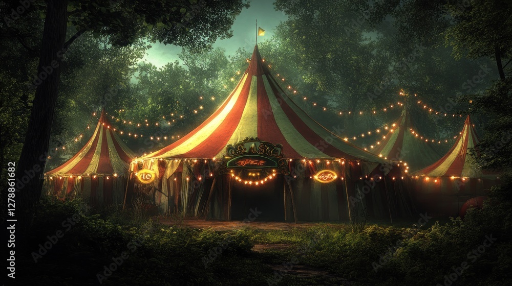 Enchanting circus tent nestled in a dark, mysterious forest at night, illuminated by string lights. Enchanting circus tent nestled in a dark, mysterious forest at night, illuminated by string lights.