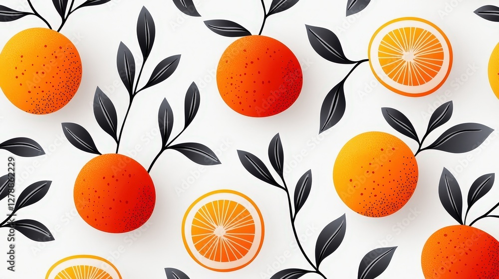 Vibrant Citrus Pattern with Oranges and Leaves on White Background for Fresh Design Projects Vibrant Citrus Pattern with Oranges and Leaves on White Background for Fresh Design Projects