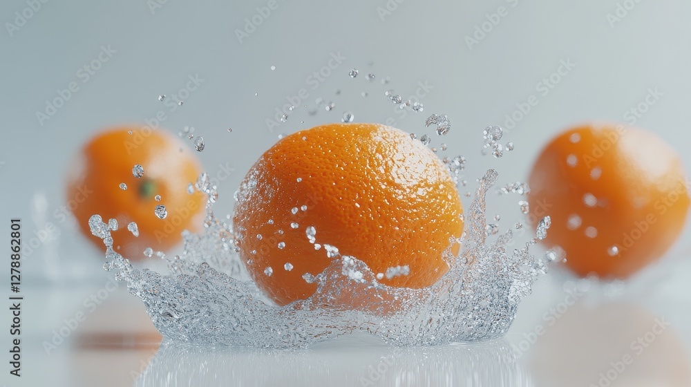 Fresh orange levitating with dynamic water splashes surrounding them, set against a light grey background, isolated with copy space. Fresh orange levitating with dynamic water splashes surrounding them, set against a light grey background, isolated with copy space.