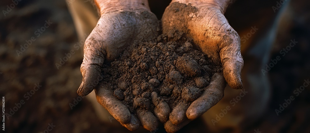 With dirt-streaked hands cradling rich soil, the image highlights a tactile connection to the earth, symbolizing growth and nurturing. With dirt-streaked hands cradling rich soil, the image highlights a tactile connection to the earth, symbolizing growth and nurturing.