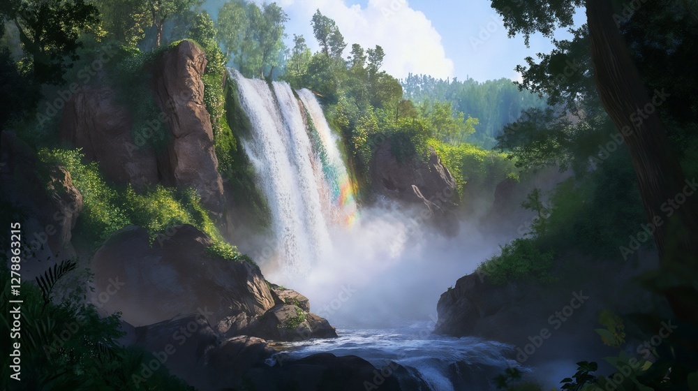 Fototapeta premium Lush waterfall cascading into a river, surrounded by vibrant greenery, serene landscape, dreamy atmosphere, copy space