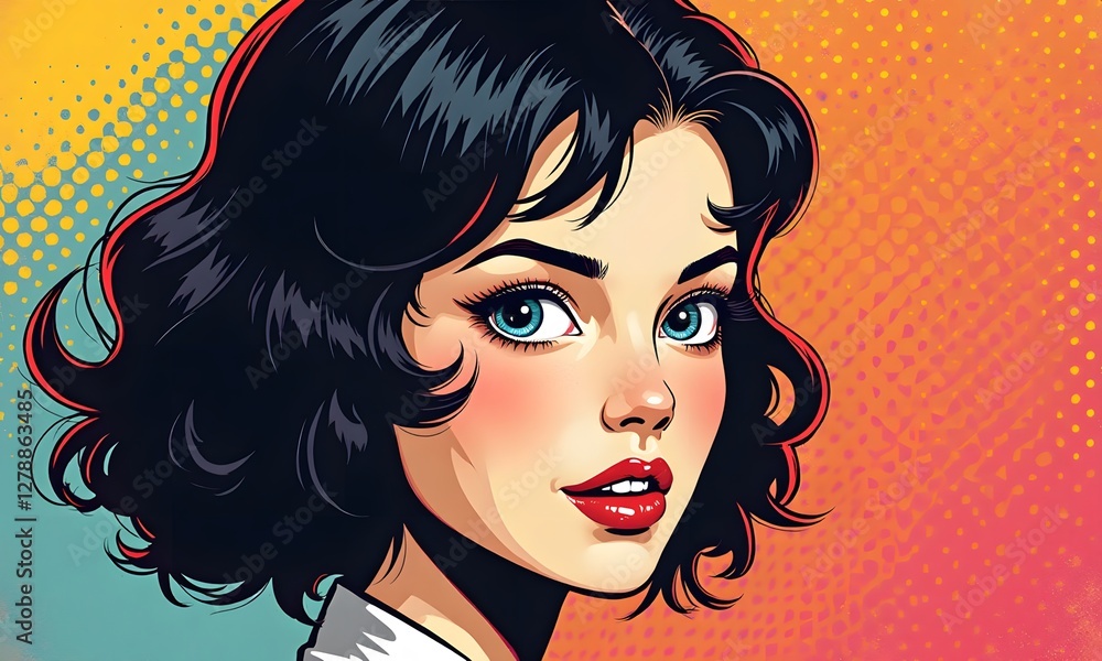 Stylish Woman with Alluring Expression in Pop Art Style against Retro Dotted Background Stylish Woman with Alluring Expression in Pop Art Style against Retro Dotted Background