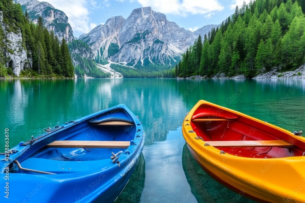 Boats on the Braies Lake Pragser Wildsee in Dolomites mountains, Sudtirol, Italy Boats on the Braies Lake Pragser Wildsee in Dolomites mountains, Sudtirol, Italy