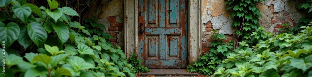 Distressed wooden door with overgrown vegetation , architecture, vegetation Distressed wooden door with overgrown vegetation , architecture, vegetation