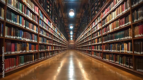 Wallpaper Mural A grand library hallway filled with rows of bookshelves and illuminated by overhead lights. Torontodigital.ca
