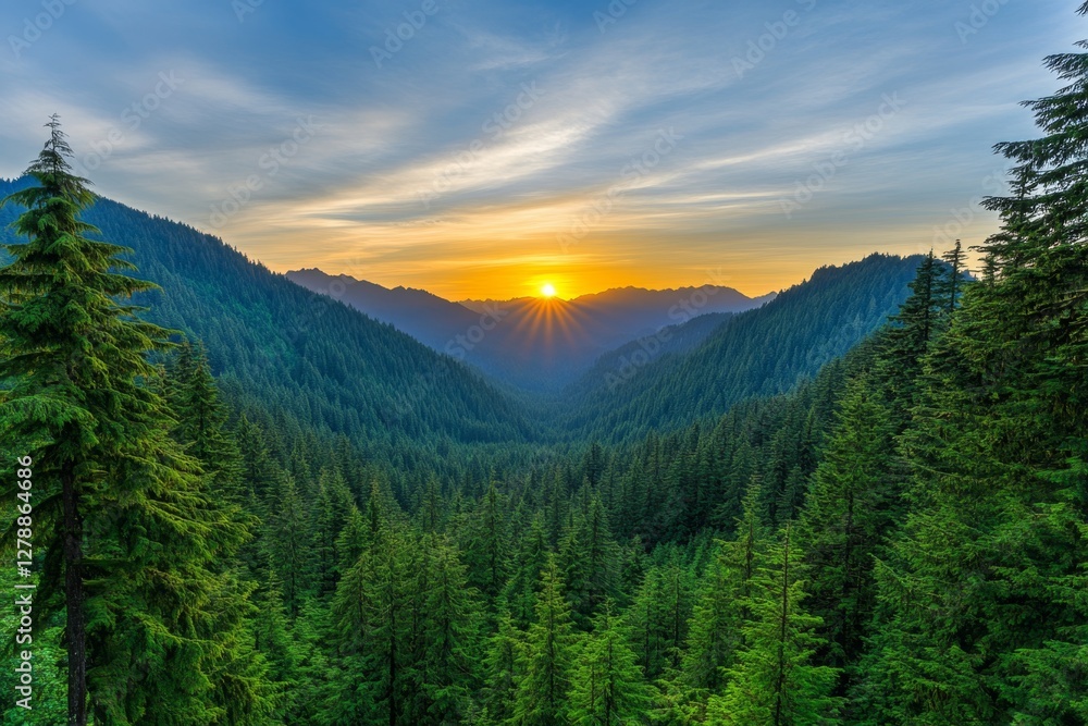 Fototapeta premium Breathtaking Mountain Landscape with Glowing Sunset Sky and Misty Evergreen Forests