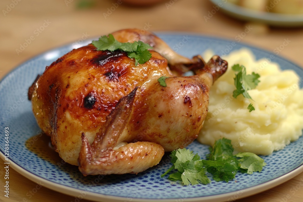 Roasted chicken with brown glaze and a side of creamy mashed potatoes on a speckled blue plate. Fresh cilantro garnish adorns both chicken and mashed potatoes. Wood tone table surface in the Roasted chicken with brown glaze and a side of creamy mashed potatoes on a speckled blue plate. Fresh cilantro garnish adorns both chicken and mashed potatoes. Wood tone table surface in the